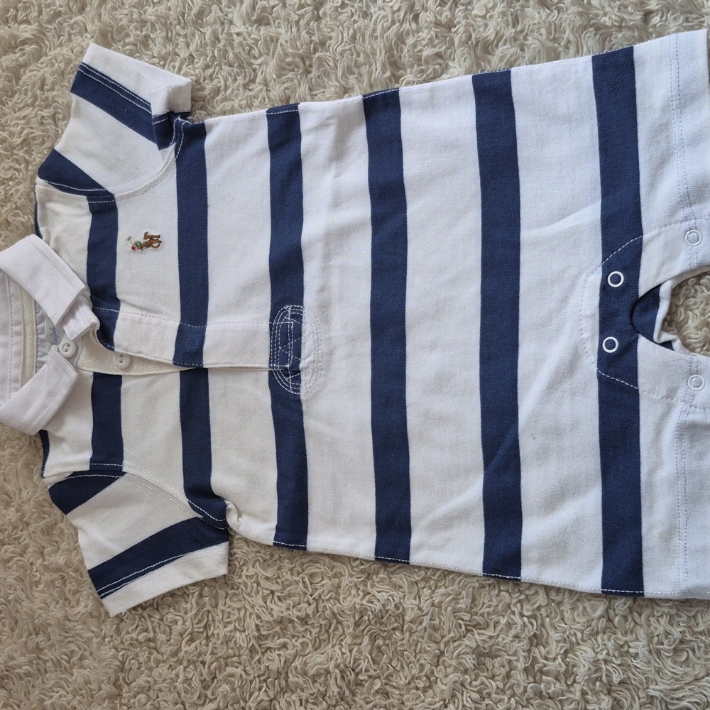 RALPH LAUREN Blue stripe 3 Mo Baby Boy Short sleeve button Polo Snap One Piece